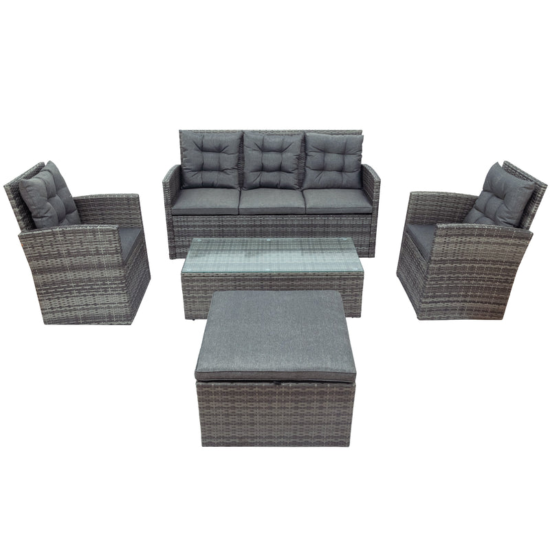 5-piece Outdoor UV-Resistant Patio Sofa Set with Storage Bench All Weather PE Wicker Furniture Coversation Set with Glass Table, Gray