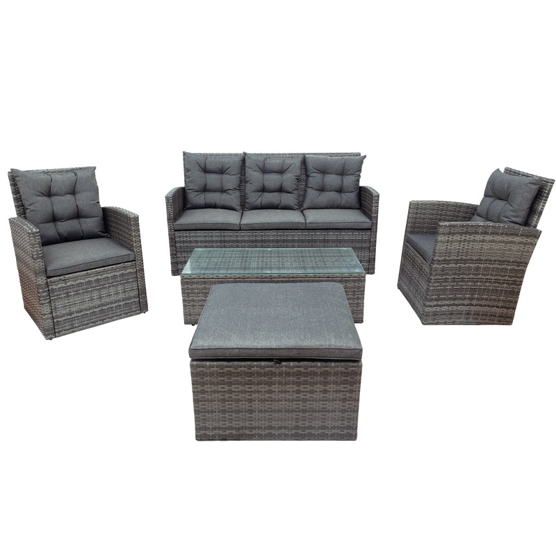 5-piece Outdoor UV-Resistant Patio Sofa Set with Storage Bench All Weather PE Wicker Furniture Coversation Set with Glass Table, Gray
