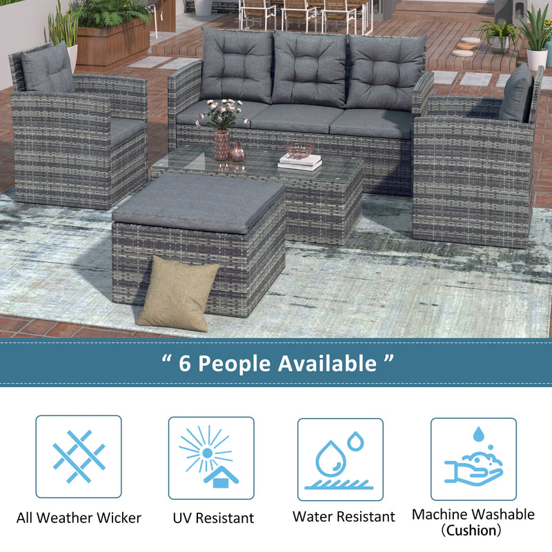 5-piece Outdoor UV-Resistant Patio Sofa Set with Storage Bench All Weather PE Wicker Furniture Coversation Set with Glass Table, Gray