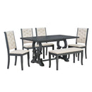 6-Piece Retro Dining Set with Unique-designed Table Legs and Foam-covered Seat Backs&Cushions for Dining Room (Antique Grey)