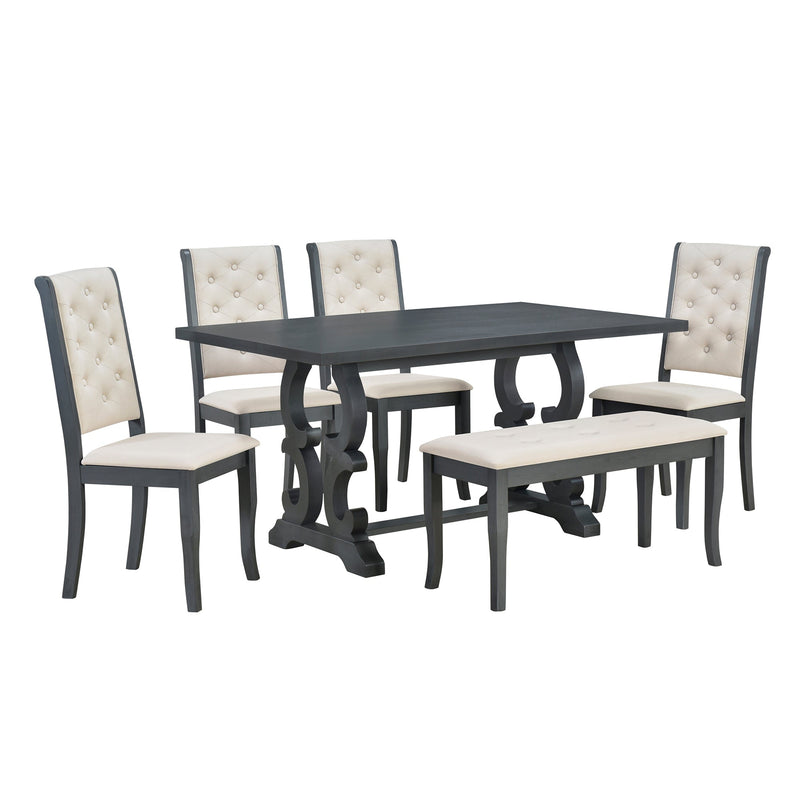 6-Piece Retro Dining Set with Unique-designed Table Legs and Foam-covered Seat Backs&Cushions for Dining Room (Antique Grey)