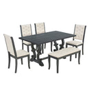 6-Piece Retro Dining Set with Unique-designed Table Legs and Foam-covered Seat Backs&Cushions for Dining Room (Antique Grey)