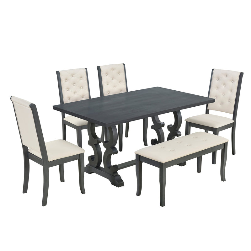 6-Piece Retro Dining Set with Unique-designed Table Legs and Foam-covered Seat Backs&Cushions for Dining Room (Antique Grey)