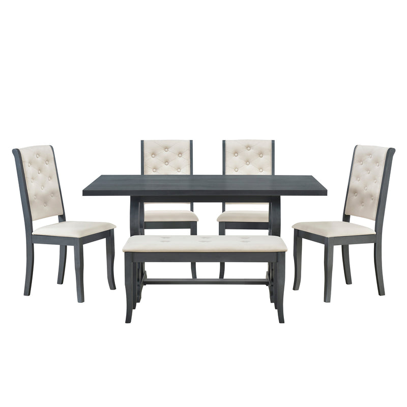 6-Piece Retro Dining Set with Unique-designed Table Legs and Foam-covered Seat Backs&Cushions for Dining Room (Antique Grey)