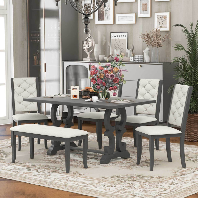 6-Piece Retro Dining Set with Unique-designed Table Legs and Foam-covered Seat Backs&Cushions for Dining Room (Antique Grey)