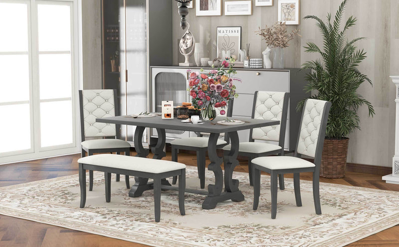 6-Piece Retro Dining Set with Unique-designed Table Legs and Foam-covered Seat Backs&Cushions for Dining Room (Antique Grey)