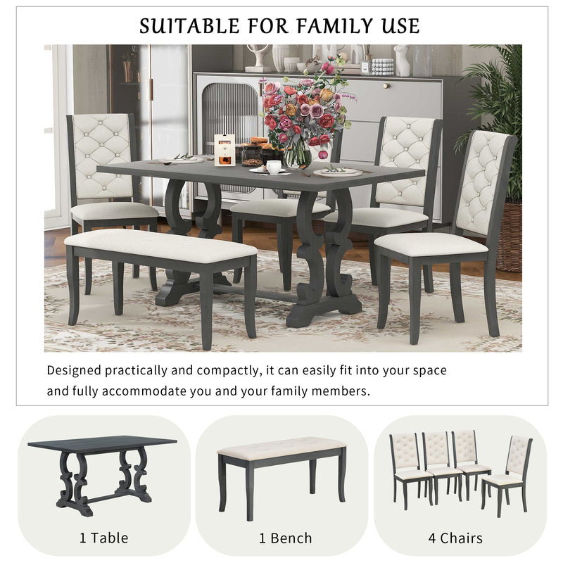 6-Piece Retro Dining Set with Unique-designed Table Legs and Foam-covered Seat Backs&Cushions for Dining Room (Antique Grey)