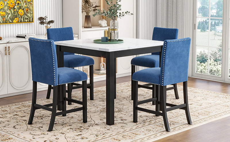 5-piece Counter Height Dining Table Set with One Faux Marble Top Dining Table and Four Velvet-Upholstered Chairs,Blue