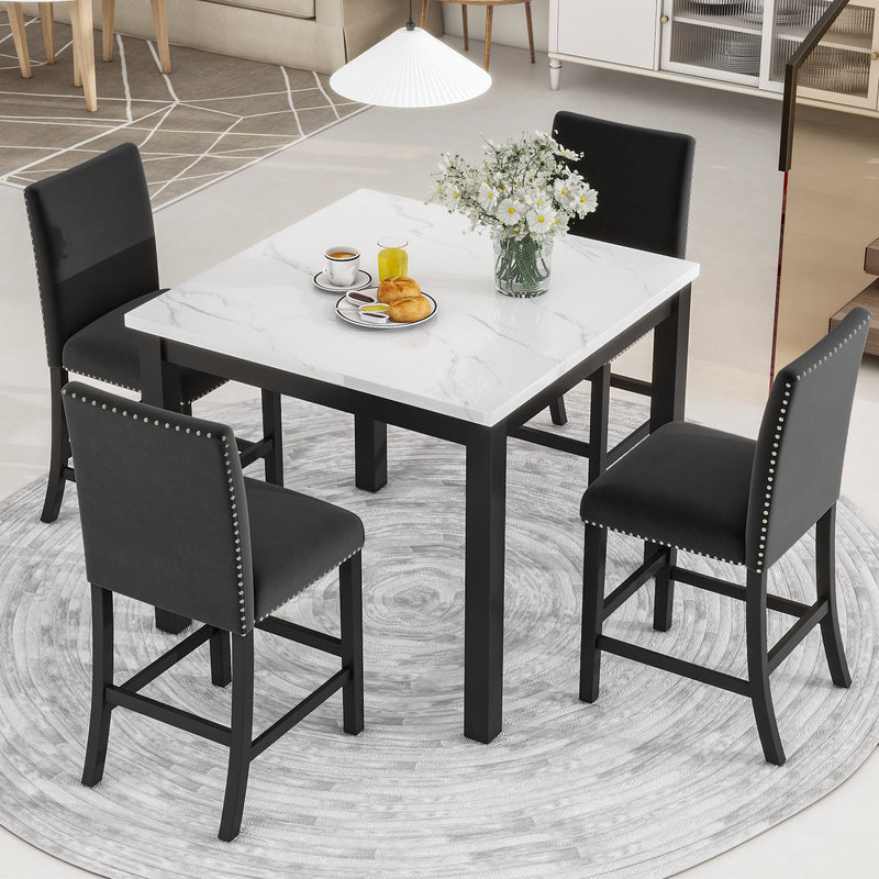 5-piece Counter Height Dining Table Set with One Faux Marble Top Dining Table and Four Velvet-Upholstered Chairs,Black