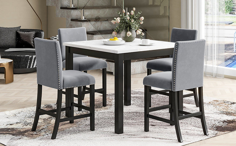5-piece Counter Height Dining Table Set with One Faux Marble Top Dining Table and Four Velvet-Upholstered Chairs,Grey