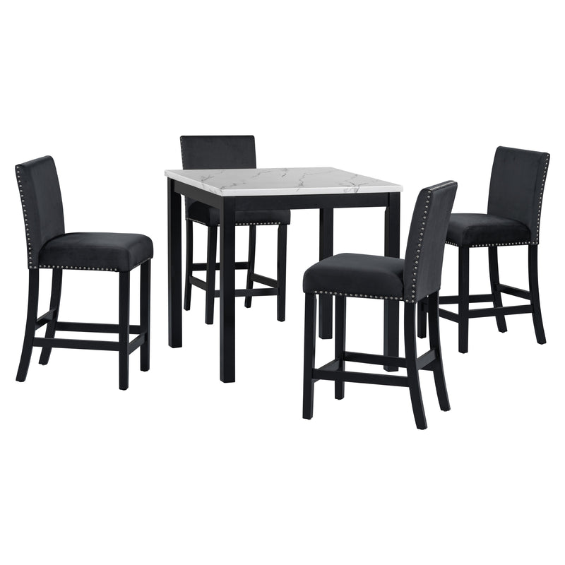 5-piece Counter Height Dining Table Set with One Faux Marble Top Dining Table and Four Velvet-Upholstered Chairs,Black