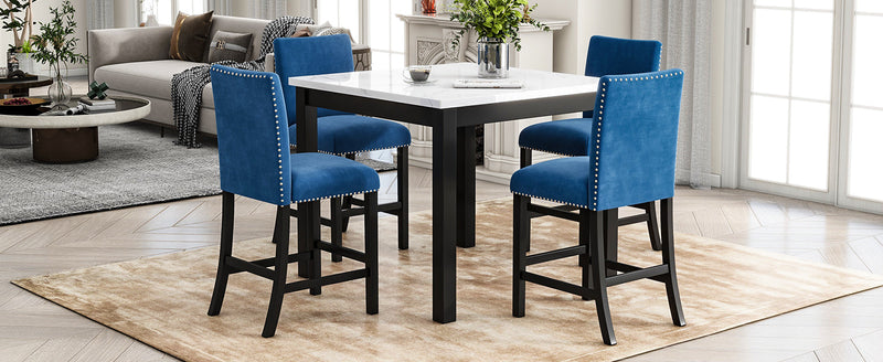 5-piece Counter Height Dining Table Set with One Faux Marble Top Dining Table and Four Velvet-Upholstered Chairs,Blue