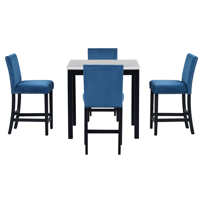 5-piece Counter Height Dining Table Set with One Faux Marble Top Dining Table and Four Velvet-Upholstered Chairs,Blue