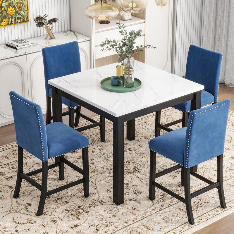 5-piece Counter Height Dining Table Set with One Faux Marble Top Dining Table and Four Velvet-Upholstered Chairs,Blue