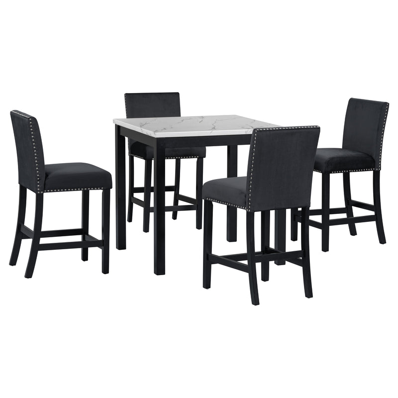 5-piece Counter Height Dining Table Set with One Faux Marble Top Dining Table and Four Velvet-Upholstered Chairs,Black