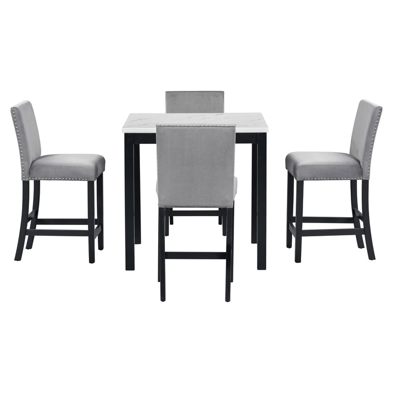 5-piece Counter Height Dining Table Set with One Faux Marble Top Dining Table and Four Velvet-Upholstered Chairs,Grey