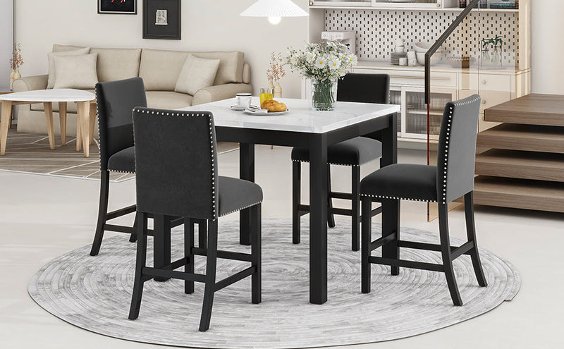 5-piece Counter Height Dining Table Set with One Faux Marble Top Dining Table and Four Velvet-Upholstered Chairs,Black
