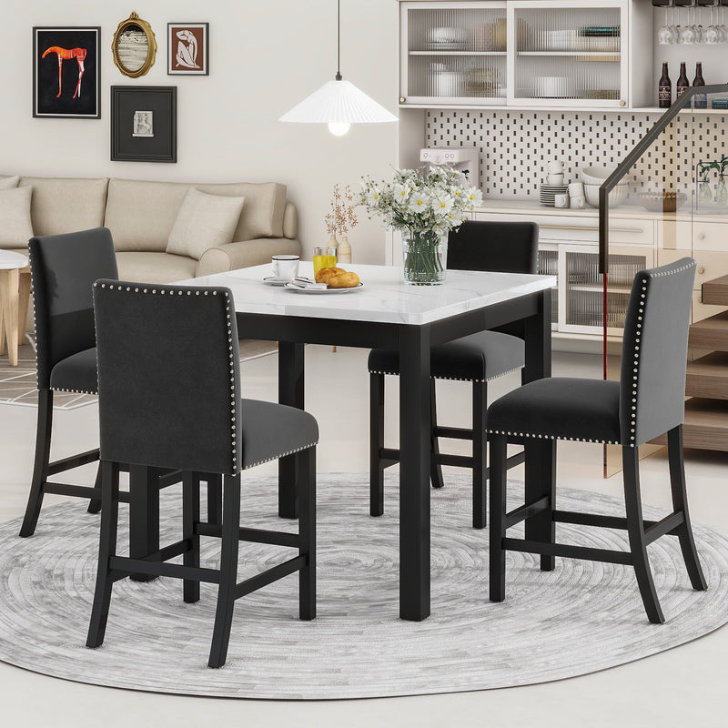 5-piece Counter Height Dining Table Set with One Faux Marble Top Dining Table and Four Velvet-Upholstered Chairs,Black