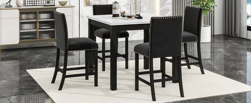 5-piece Counter Height Dining Table Set with One Faux Marble Top Dining Table and Four Velvet-Upholstered Chairs,Black