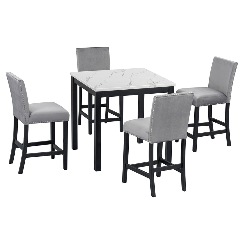 5-piece Counter Height Dining Table Set with One Faux Marble Top Dining Table and Four Velvet-Upholstered Chairs,Grey
