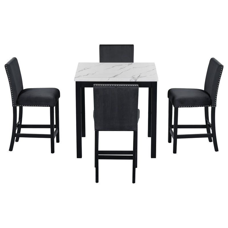 5-piece Counter Height Dining Table Set with One Faux Marble Top Dining Table and Four Velvet-Upholstered Chairs,Black