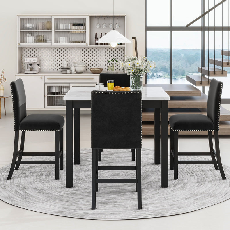5-piece Counter Height Dining Table Set with One Faux Marble Top Dining Table and Four Velvet-Upholstered Chairs,Black