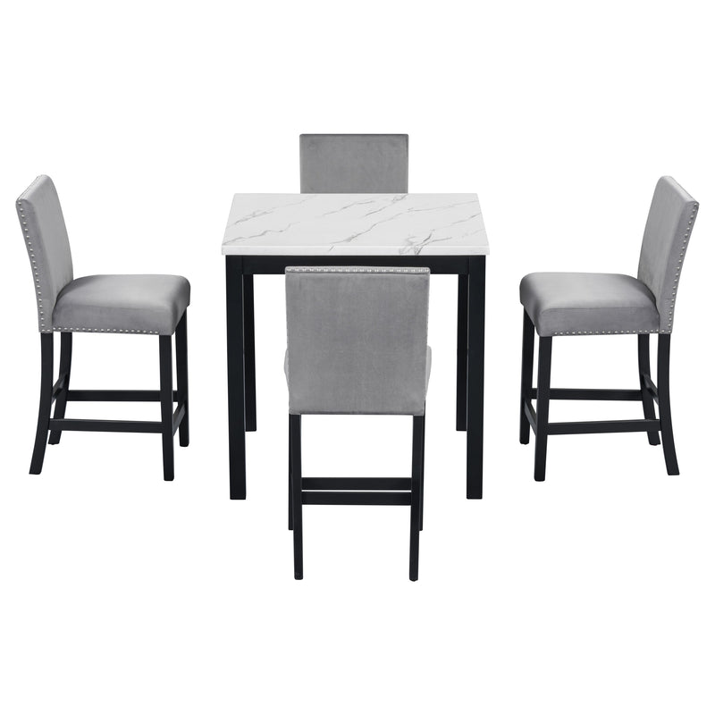 5-piece Counter Height Dining Table Set with One Faux Marble Top Dining Table and Four Velvet-Upholstered Chairs,Grey