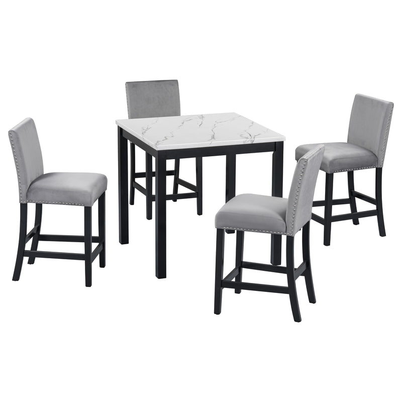5-piece Counter Height Dining Table Set with One Faux Marble Top Dining Table and Four Velvet-Upholstered Chairs,Grey