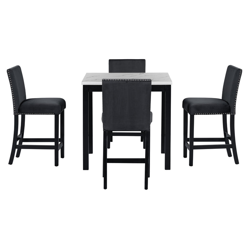 5-piece Counter Height Dining Table Set with One Faux Marble Top Dining Table and Four Velvet-Upholstered Chairs,Black