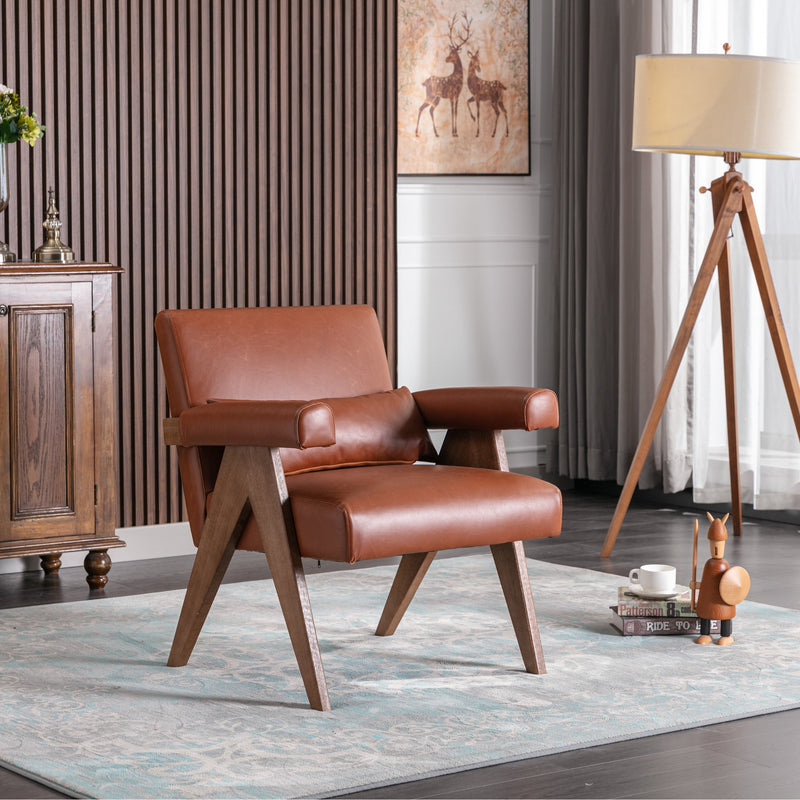Accent chair, KD rubber wood legs with Walnut finish. PU leather cover the seat. With a cushion.Brown