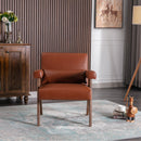 Accent chair, KD rubber wood legs with Walnut finish. PU leather cover the seat. With a cushion.Brown