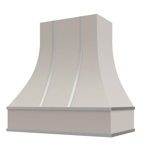 Light Grey Range Hood With Curved Front, Silver Strapping and Block Trim - 30", 36", 42", 48", 54" and 60" Widths Available