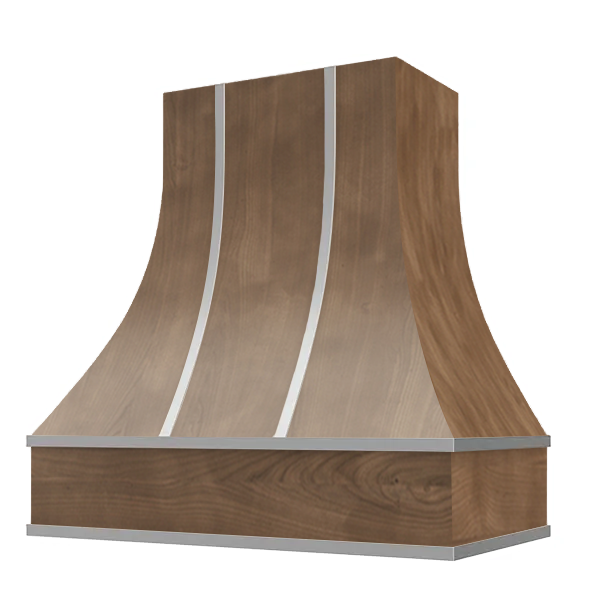 American Walnut Range Hood With Curved Front, Silver Strapping and Block Trim - 30", 36", 42", 48", 54" and 60" Widths Available