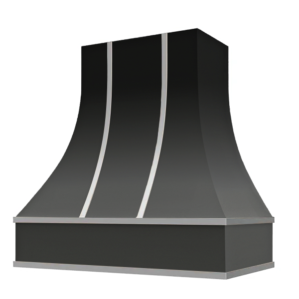 Black Range Hood With Curved Front, Silver Strapping and Block Trim - 30", 36", 42", 48", 54" and 60" Widths Available