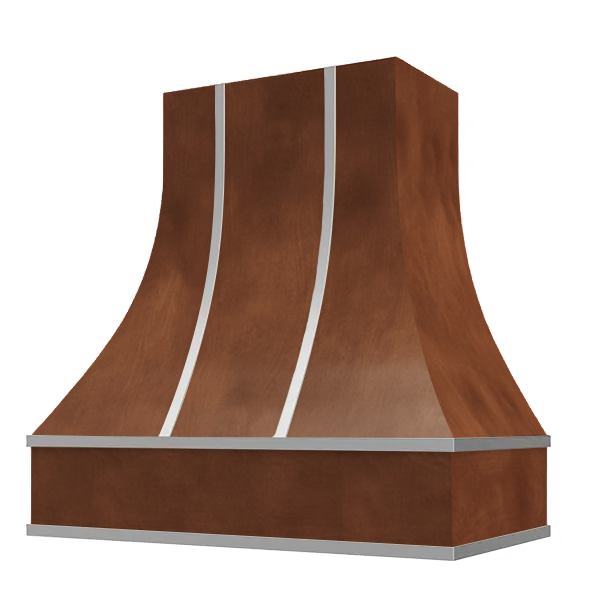 Chocolate Range Hood With Curved Front, Silver Strapping and Block Trim - 30", 36", 42", 48", 54" and 60" Widths Available