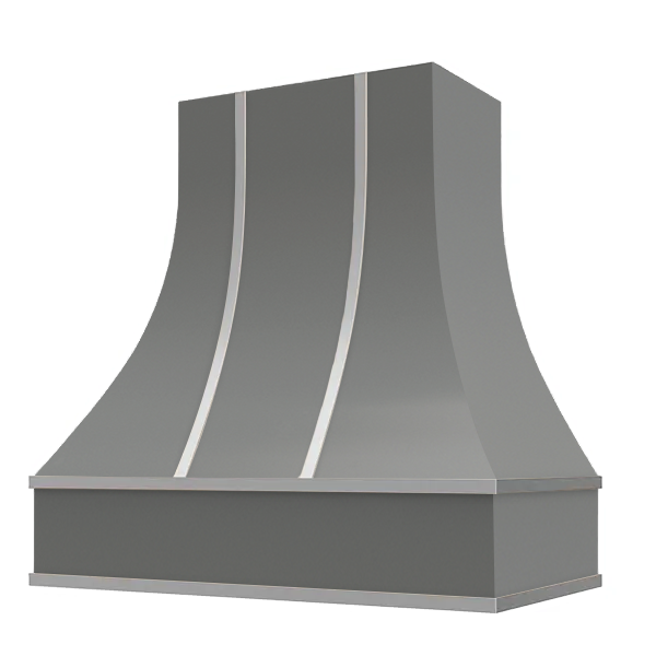 Grey Range Hood With Curved Front, Silver Strapping and Block Trim - 30", 36", 42", 48", 54" and 60" Widths Available