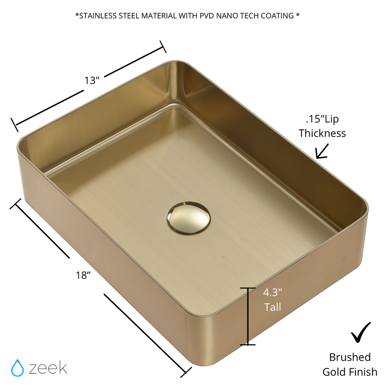 Zeek 18”x13” Gold Rectangular Vessel Bathroom Sink Stainless Steel PVD Nano Tech Coating ZN-G183