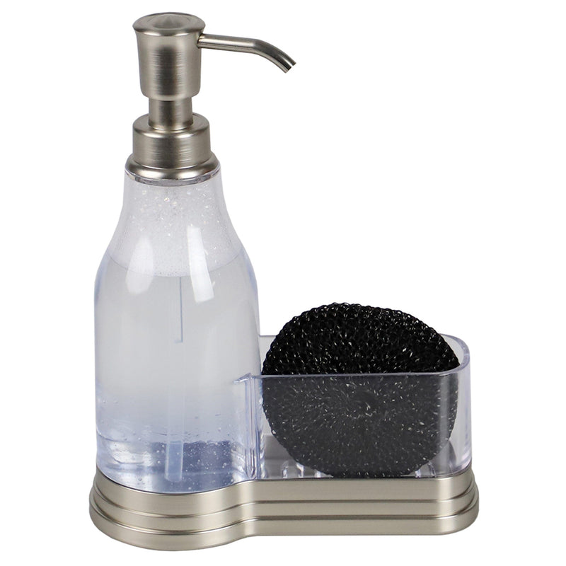 Home Basics Plastic Soap Dispenser with Brushed Steel Top and Sponge Holder, Satin Nickel