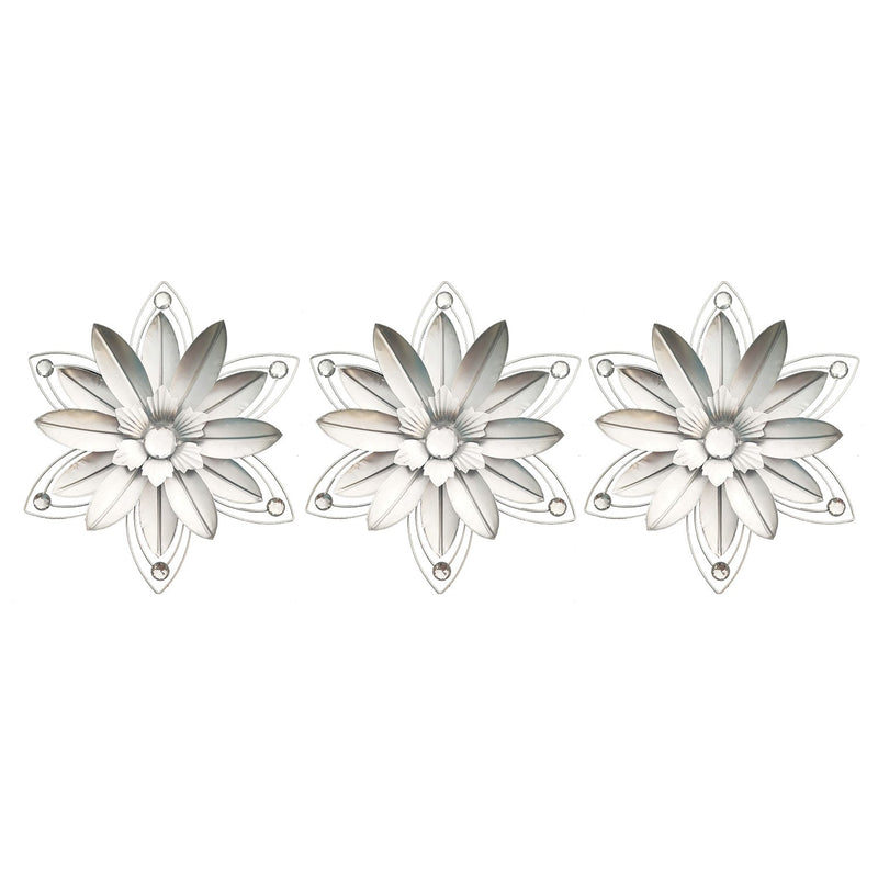 PREMIUS 3 Piece Metal Jeweled Floral Petals Wall Decor, Silver, 12 Inches