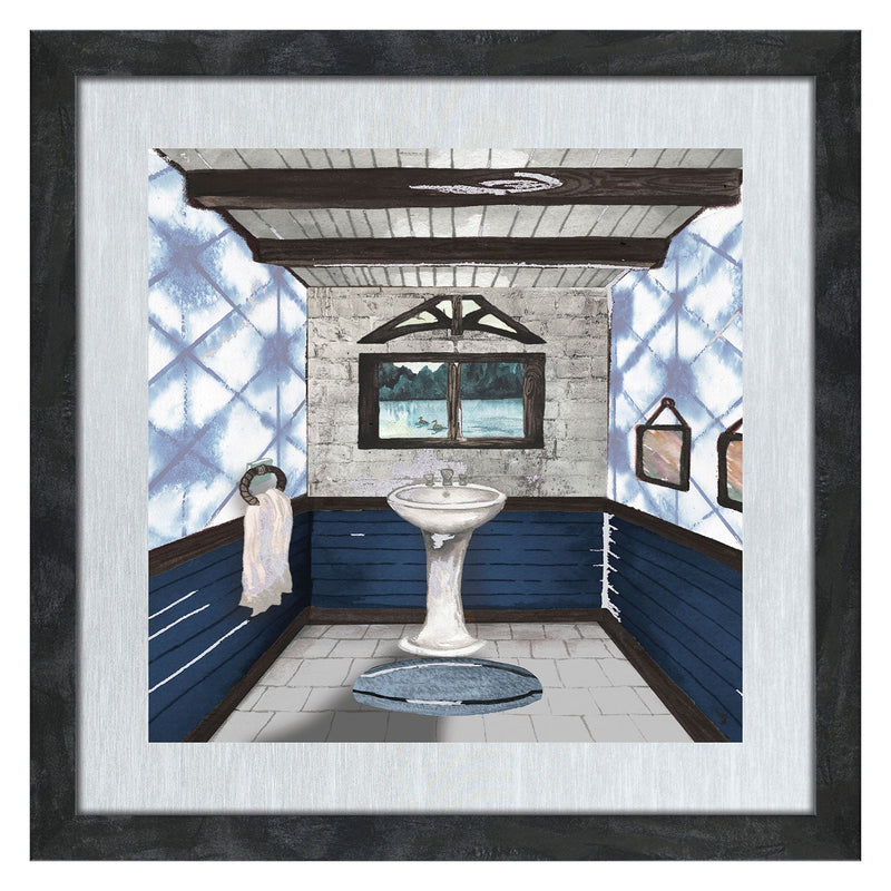 PREMIUS Floating Sink Blue Lodge Washroom Wall Decor, 14x14 Inches