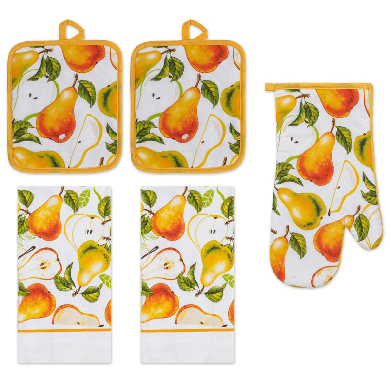 PREMIUS 5 Piece Printed Kitchen Linen Set, 2 Cotton Towels, 2 Pot Holders, 1 Oven Mitt
