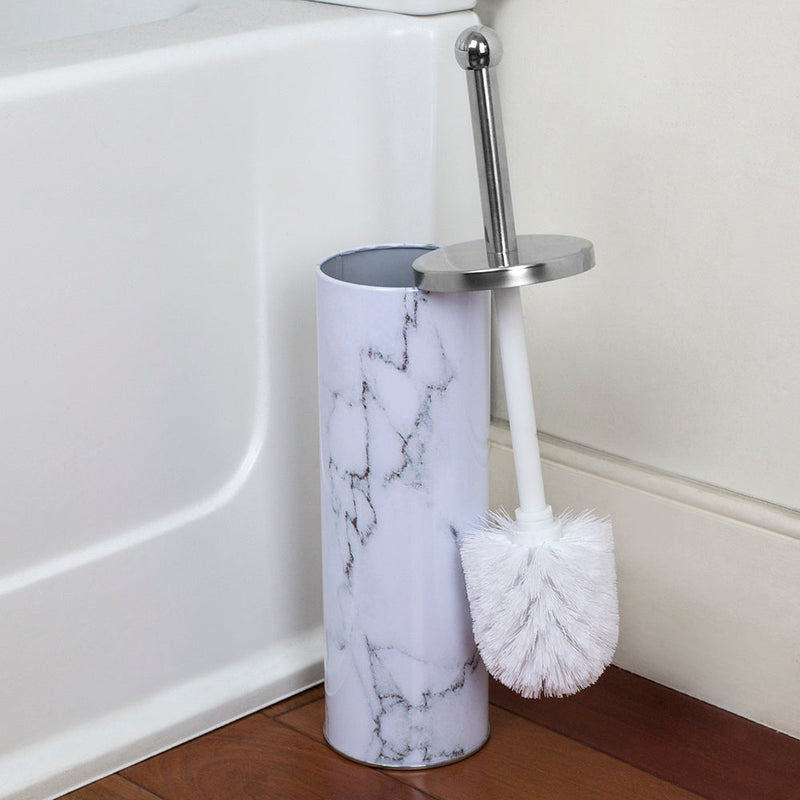 Home Basics Stainless Steel Toilet Brush Holder, White-Marble