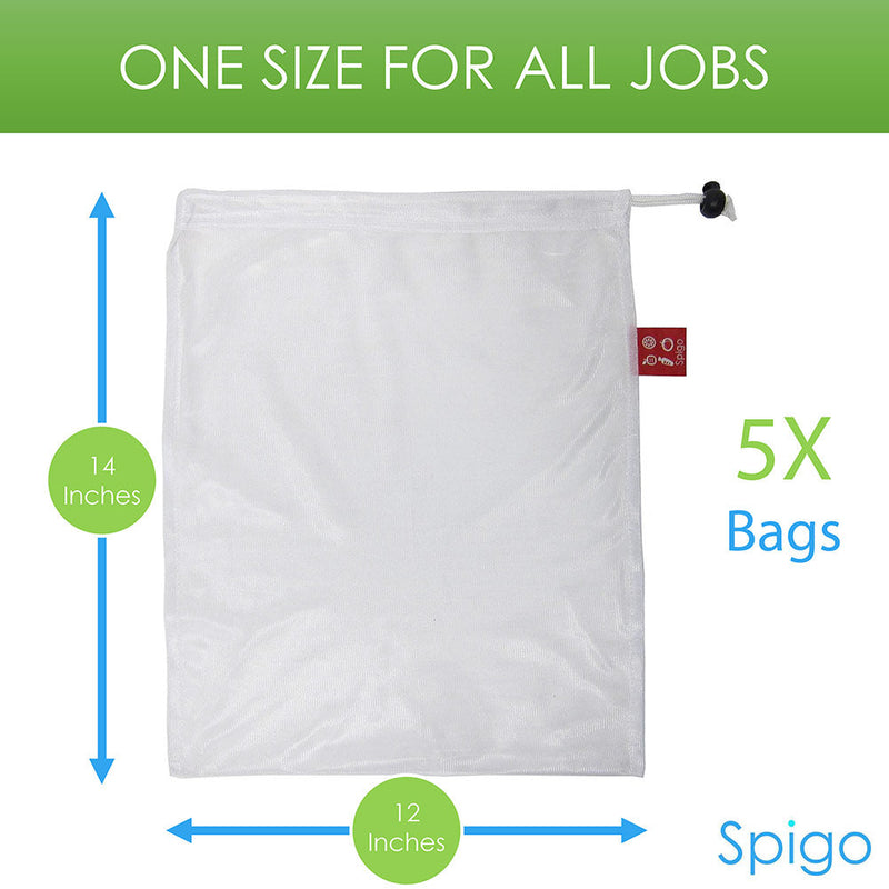 Spigo Reusable and Washable Mesh Produce Bags, 5 Count, 12x14 Inches