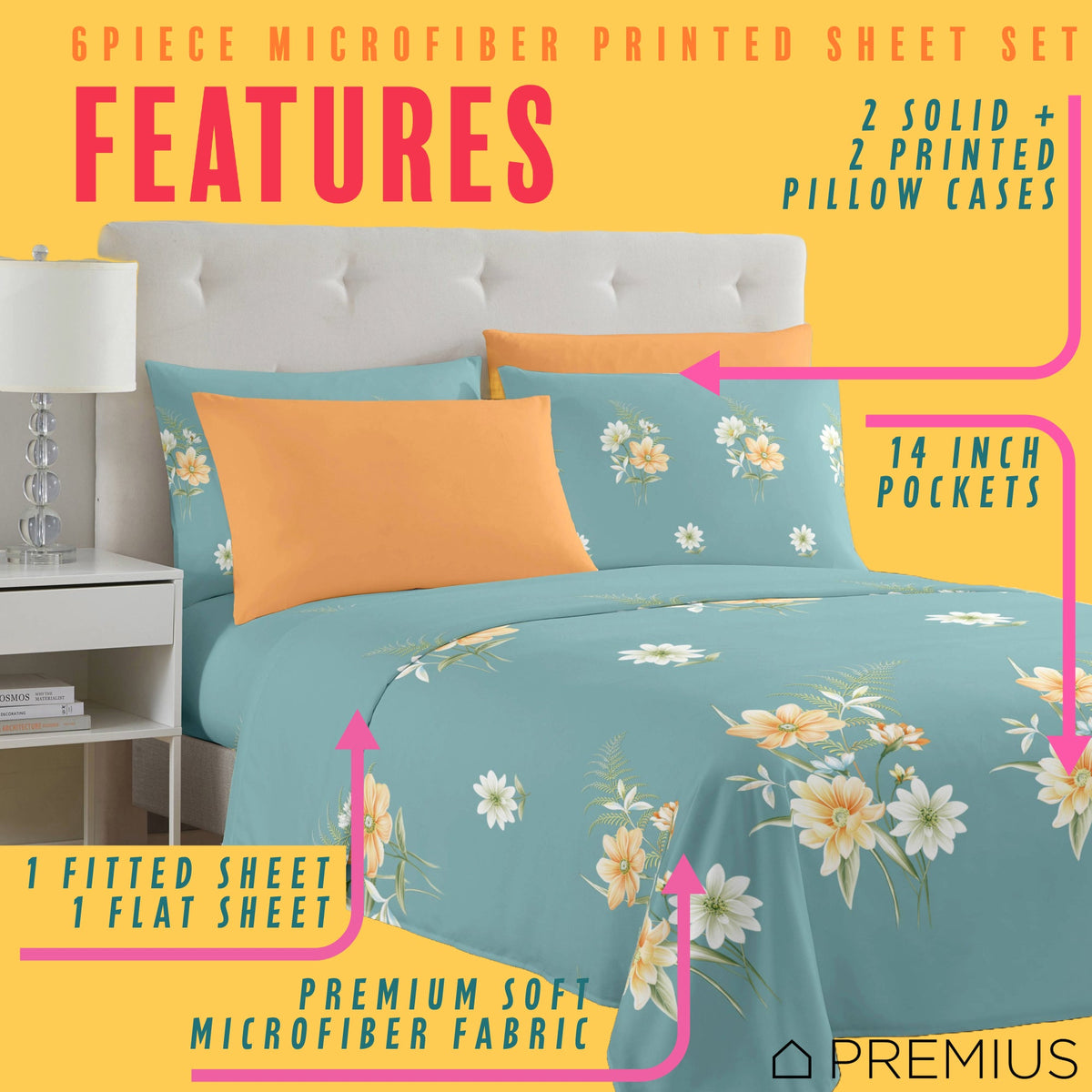 PREMIUS Lucea Soft Wrinkle-Free Microfiber Sheet Set, Soft Blue-Orange, photo 16 of 28