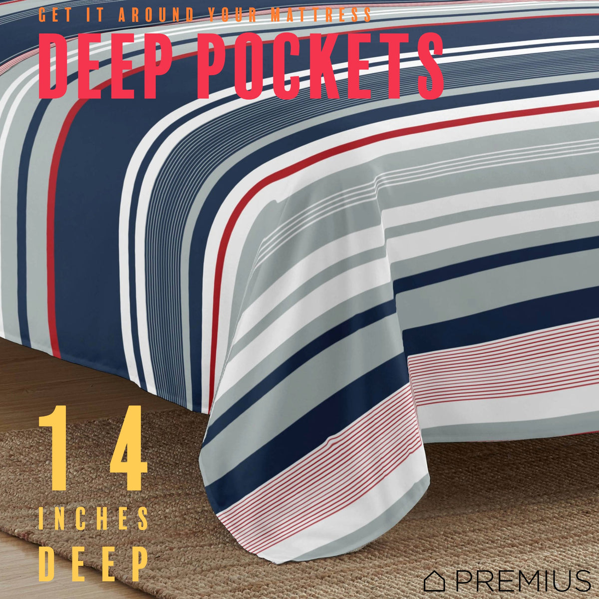 PREMIUS Mateo Soft Wrinkle-Free Microfiber Sheet Set, Blue-Multi-Striped, photo 12 of 28