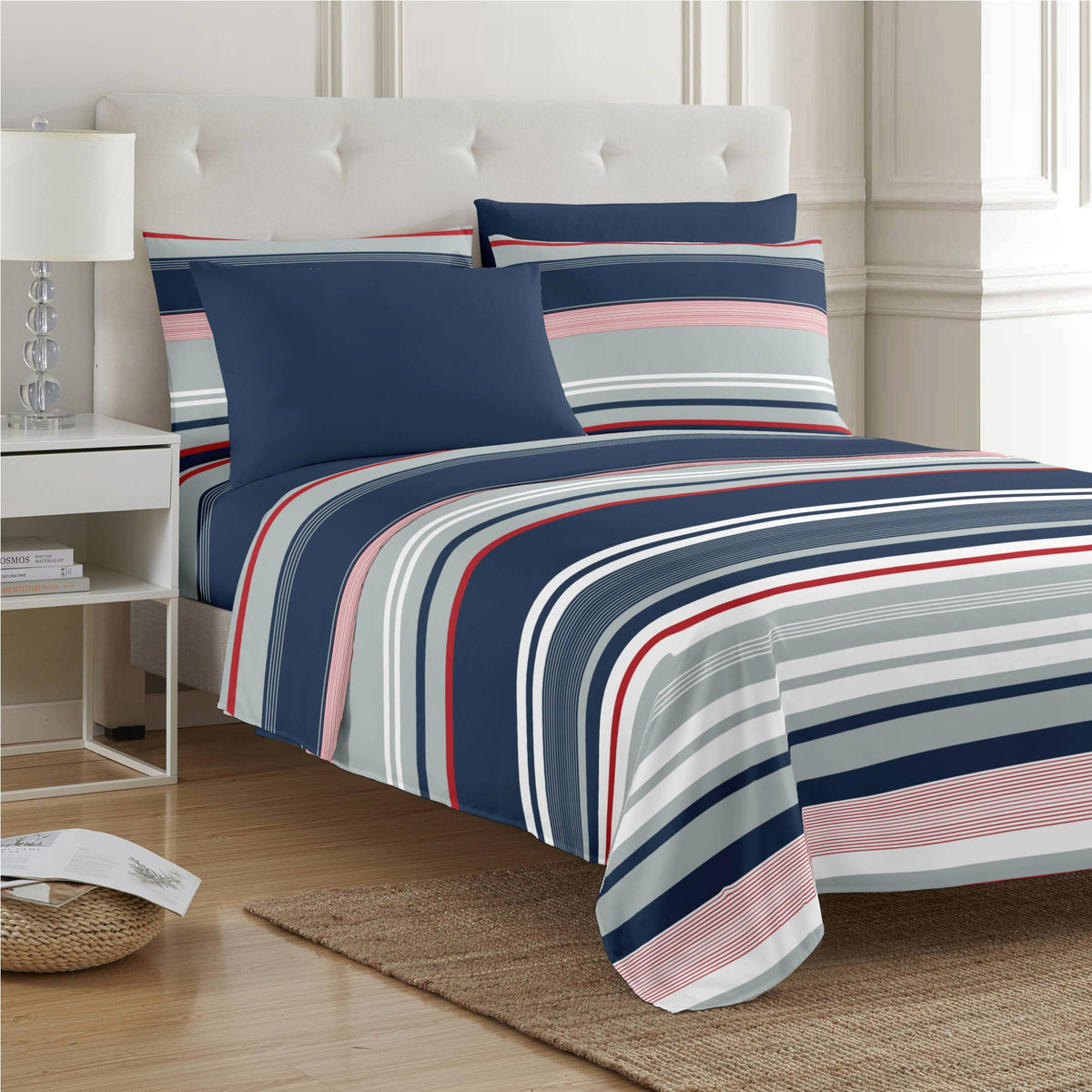PREMIUS Mateo Soft Wrinkle-Free Microfiber Sheet Set, Blue-Multi-Striped, photo 8 of 28
