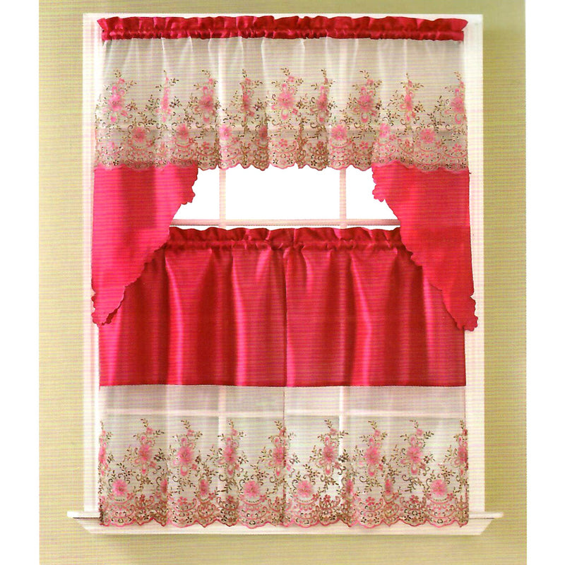 Irina Floral Sequins Kitchen Curtain Set, Swag Valance 60x36, 30x36 Inches