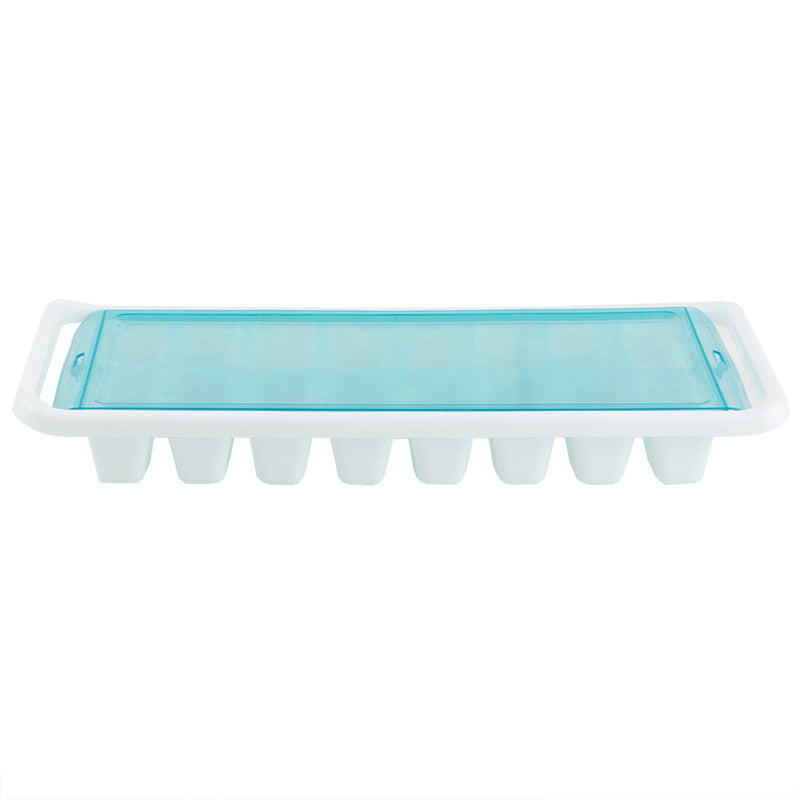 Home Basics 16 Compartment Square Plastic Stackable Ice Cube Tray with Snap-on Cover, Blue