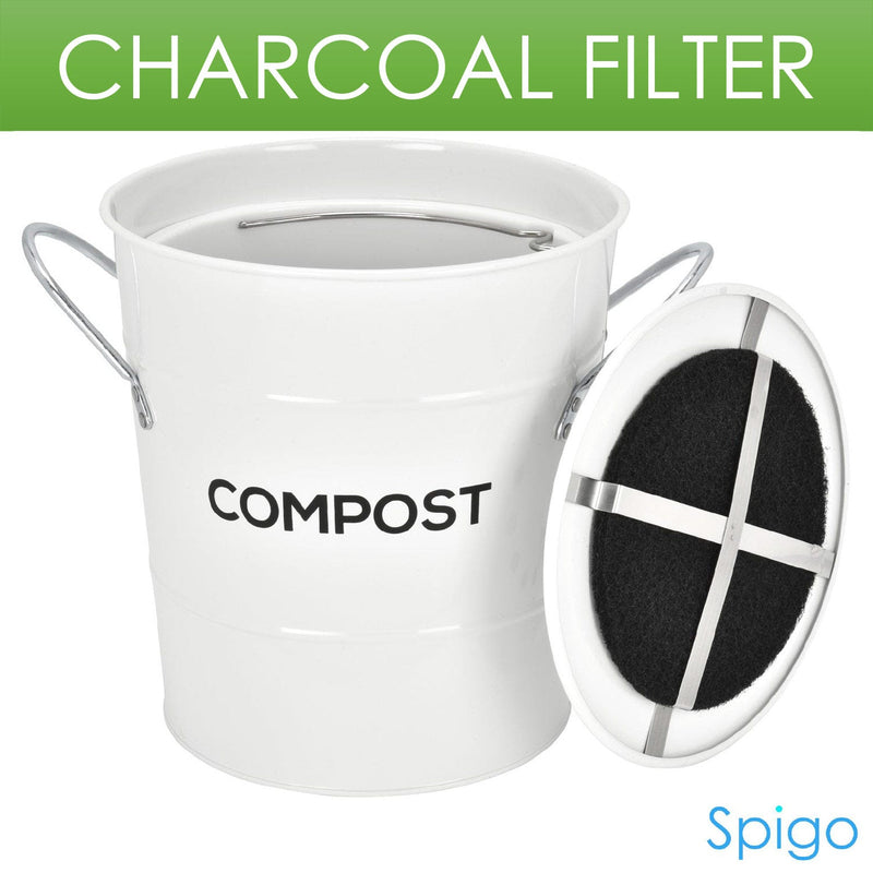 Spigo Steel Kitchen Compost Bin With Vented Charcoal Filter and Bucket, White, 1 Gallon