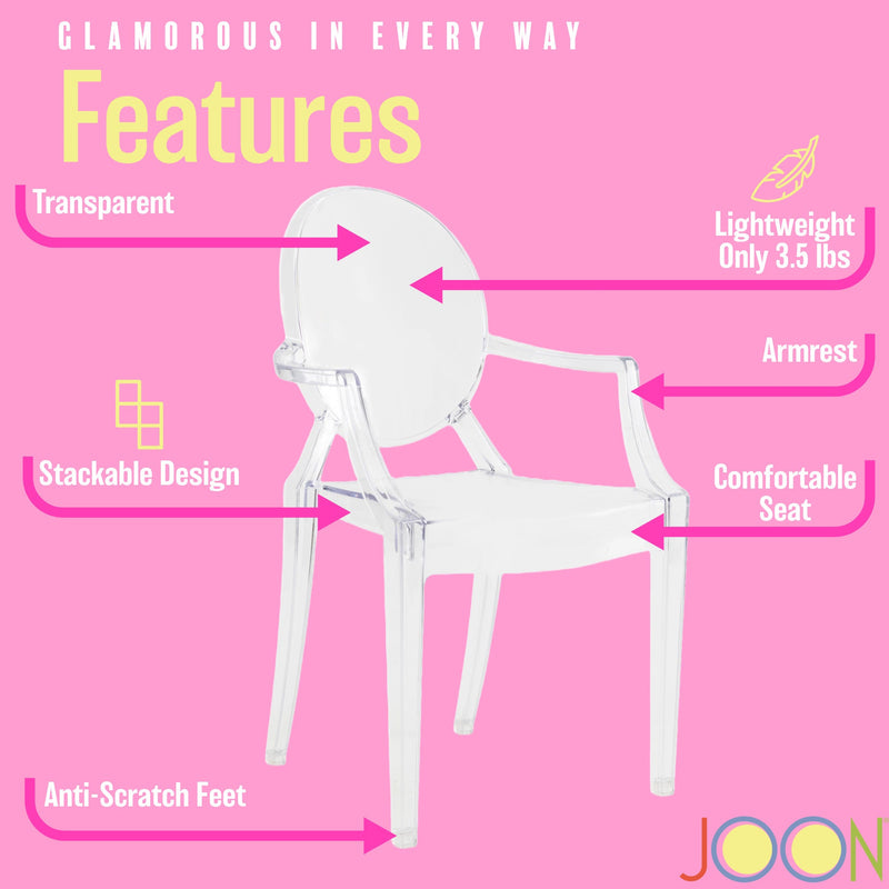 JOON 2 Pack Kids Ghost Chairs with Armrest, 25x13x14.5 Inches, Transparent